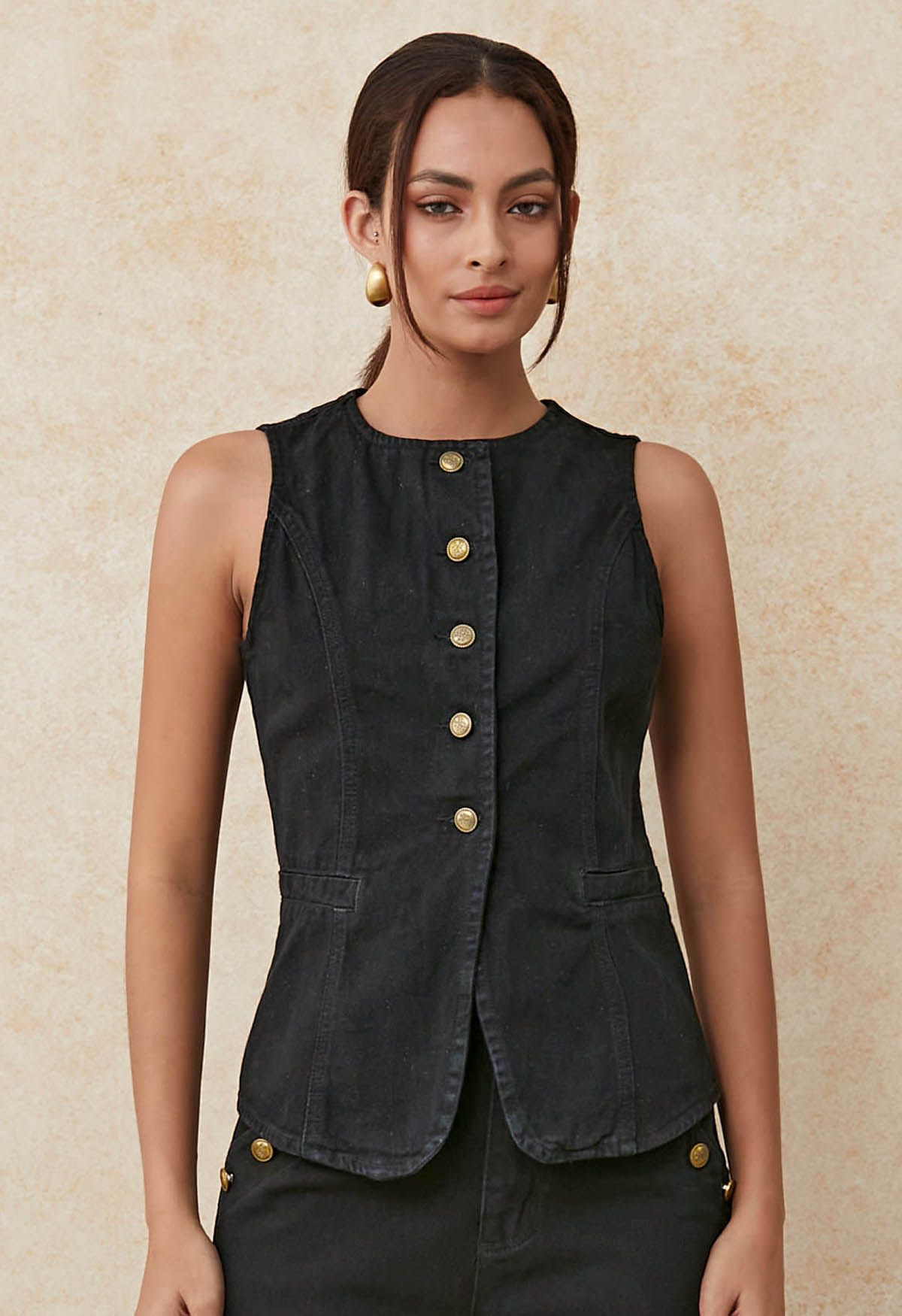 Fake Welt Pocket Button-Up Denim Vest in Black | Chicwish