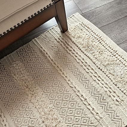 MOTINI Tufted Cotton Area Rug 2' x 3', Hand Woven Knotted Boho Accent Carpet, Ivory Beige Throw R... | Amazon (US)