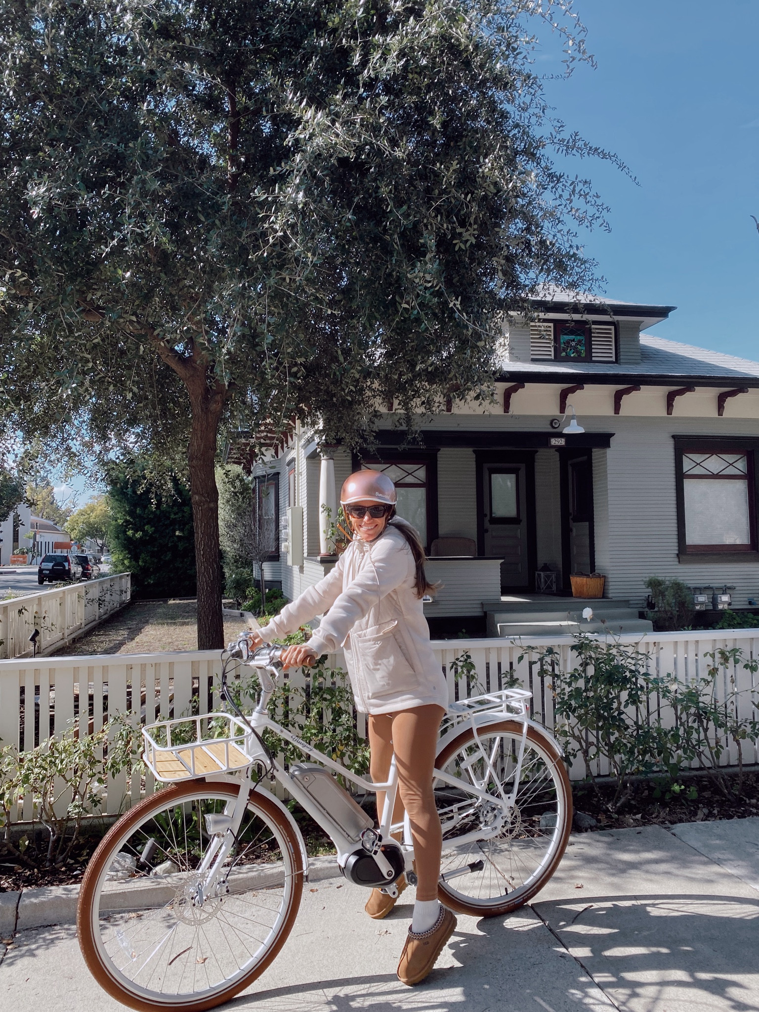 Mixed media jacket 
High waisted leggings 
Bike helmet 

#LTKstyletip