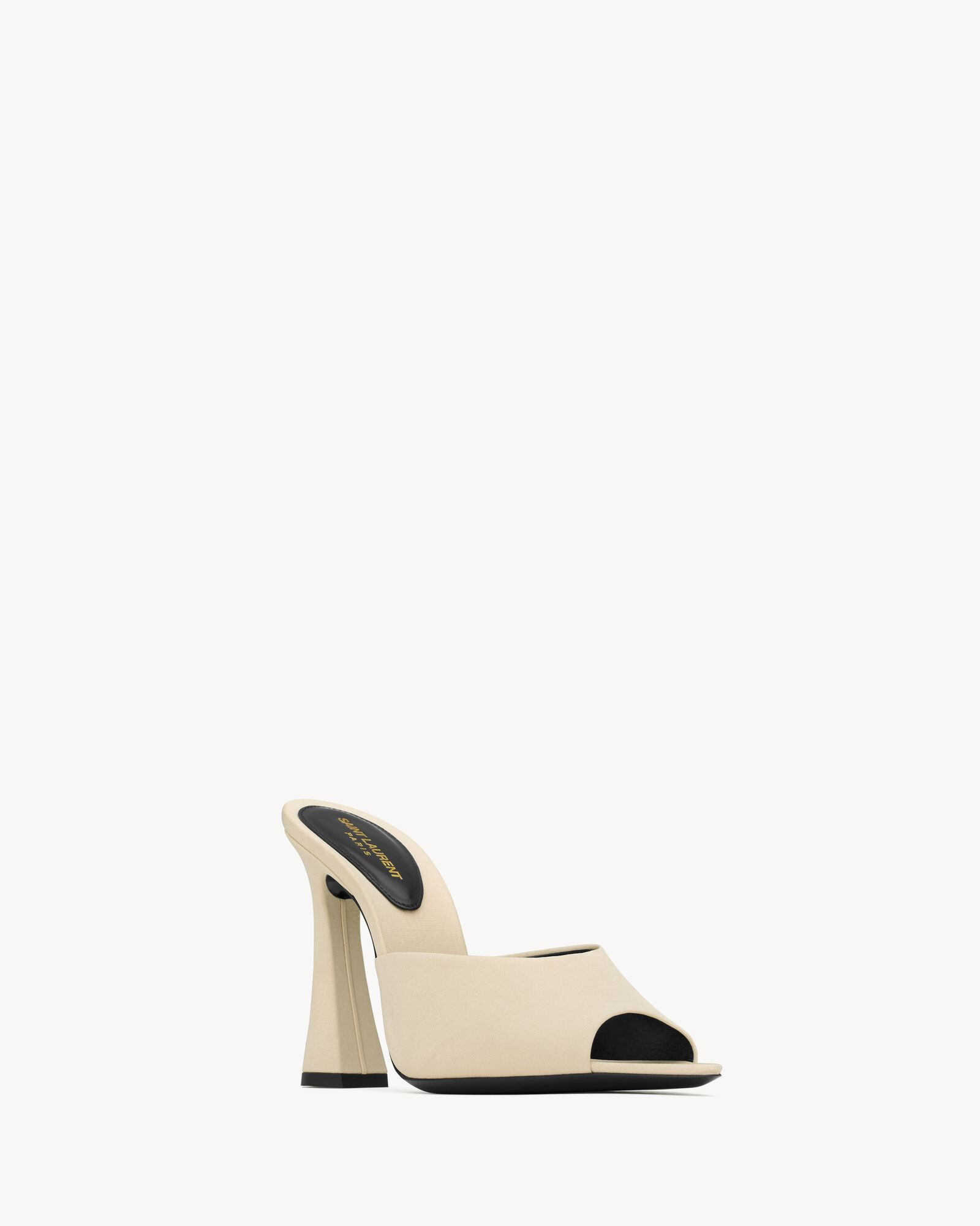 mules with an almond peep toe and covered flared heel. | Saint Laurent Inc. (Global)