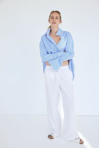 Linen-blend trousers - Regular waist - Long - White - Ladies | H&M GB | H&M (UK, MY, IN, SG, PH, TW, HK)
