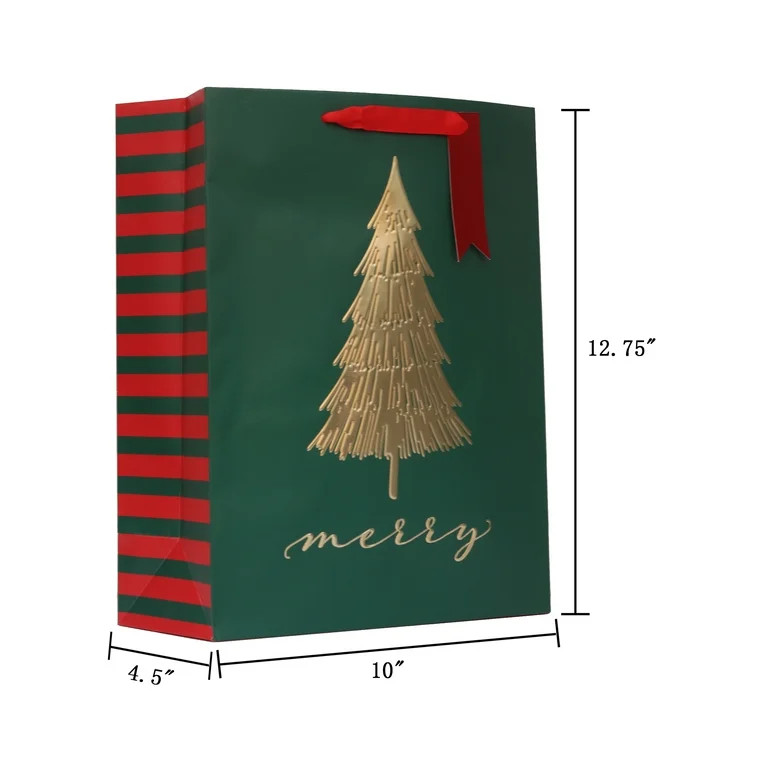 Large Multicolor Merry Pine Tree Christmas Paper Gift Bag, 10" x 4.5" x 12.75", by Holiday Time | Walmart (US)