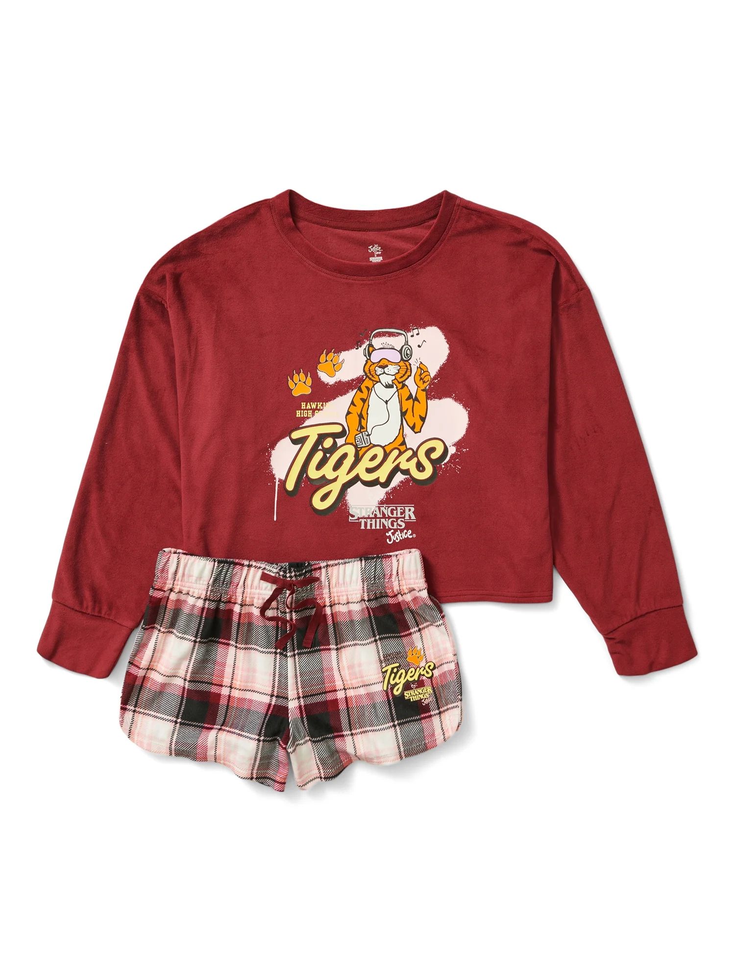 Justice Girls Stranger Things Long Sleeve Top and Plaid Sleep Short, 2-piece Pajama Set, Sizes 5-... | Walmart (US)