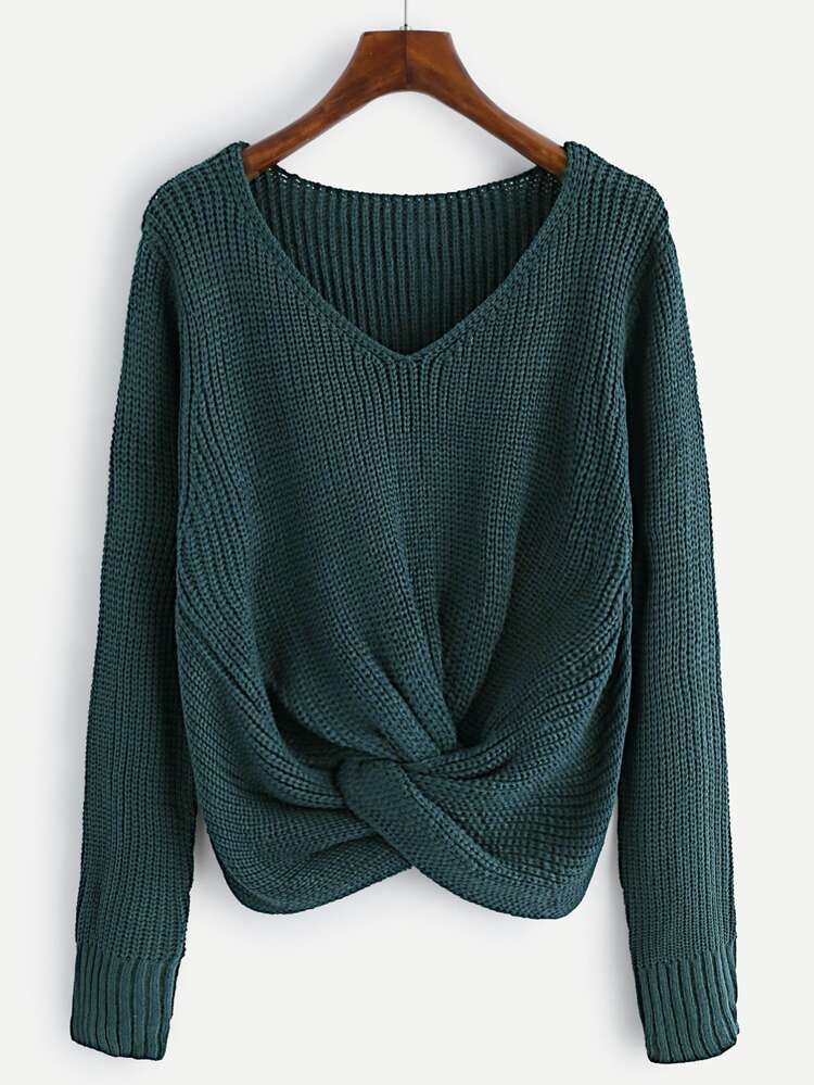 V-Neck Twist Front Sweater | SHEIN