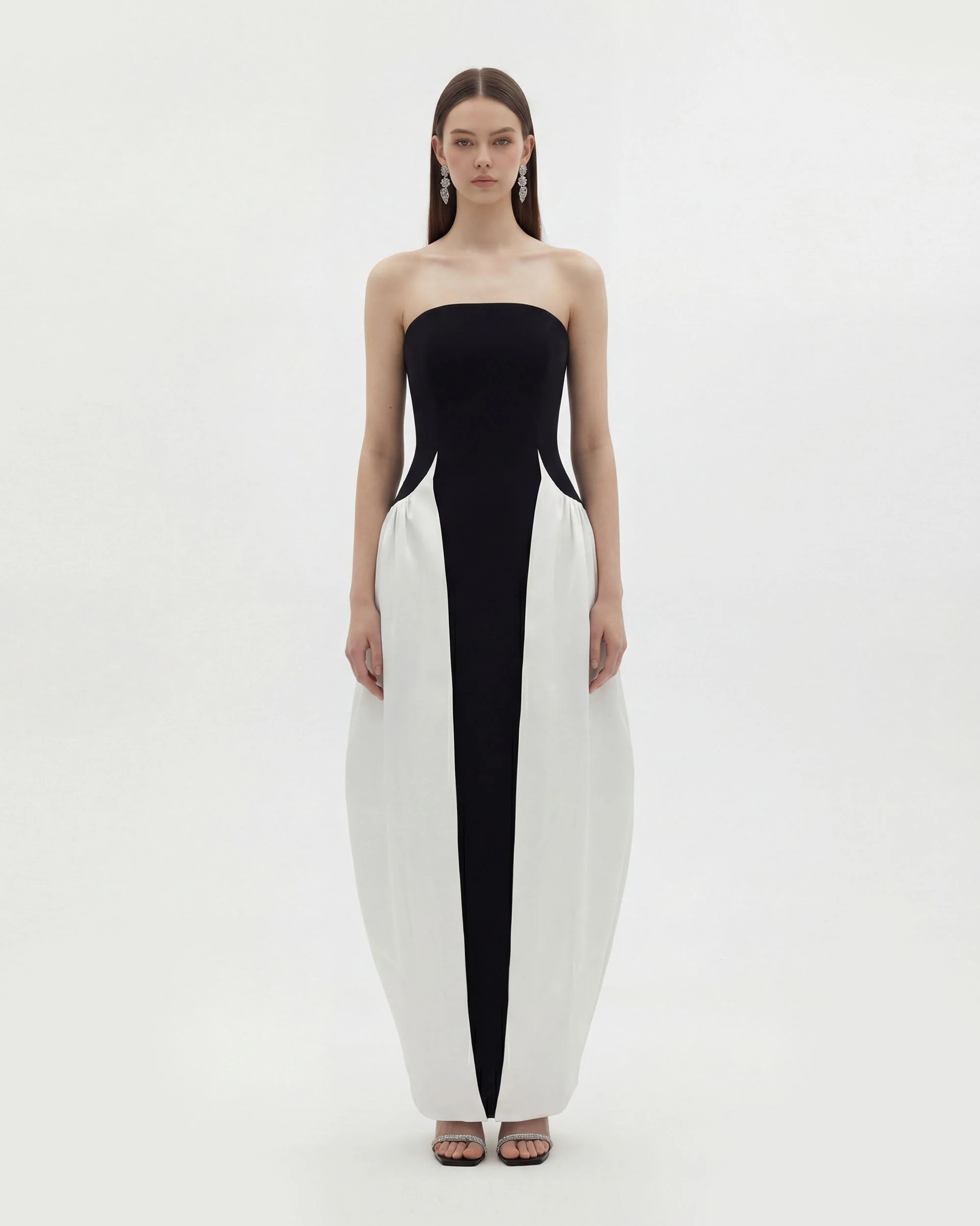 Monochrome Paneled Strapless Sculptural Maxi Dress - Black | JW PEI US