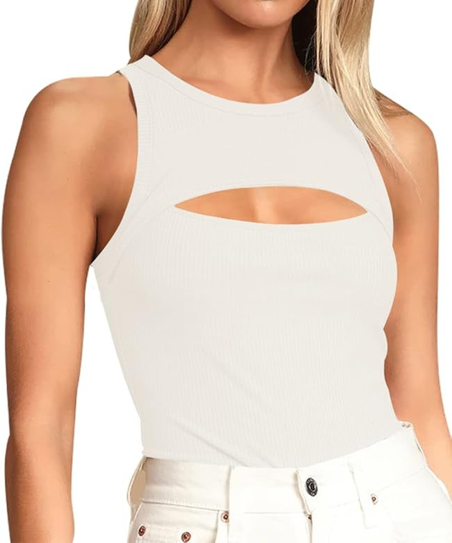 Machico Women's Sexy Cut Out Sleeveless Crew Neck Racer Back Ribbed Thong Bodysuit Tank Tops | Amazon (US)