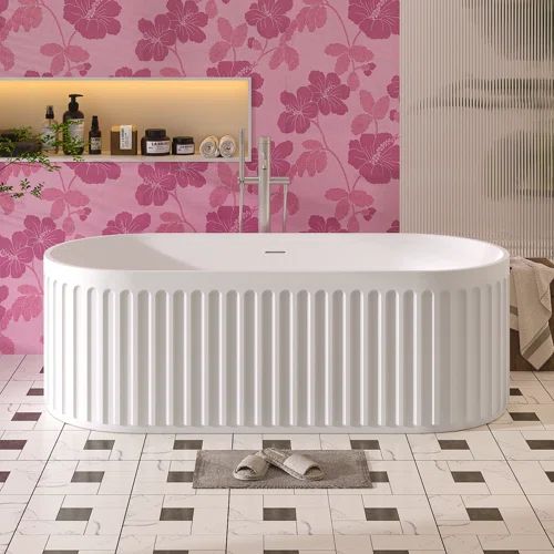 N4000WH 59" Streamline Freestanding Soaking Acrylic Bathtub With Drain and Bamboo Tray | Wayfair North America