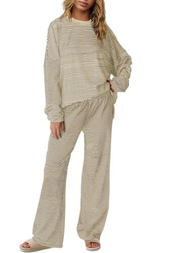 Panadila Womens 2 Piece Lounge Sets Striped Long Sleeve Pajama Set Oversized Tshirts Wide Leg Pan... | Amazon (US)