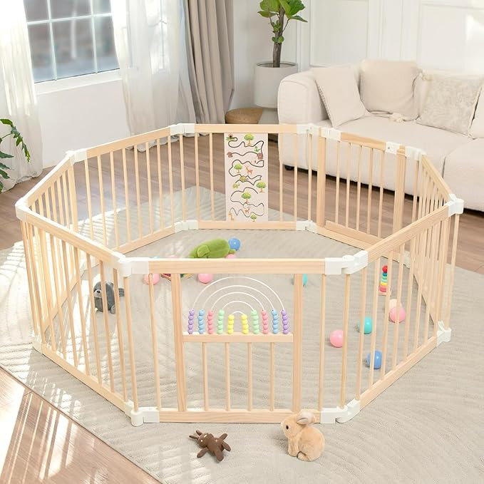 Foldable Wooden Baby Playpen Activity Center,Adjustable Size & Shape Portable Play Yard, Baby Fen... | Amazon (US)