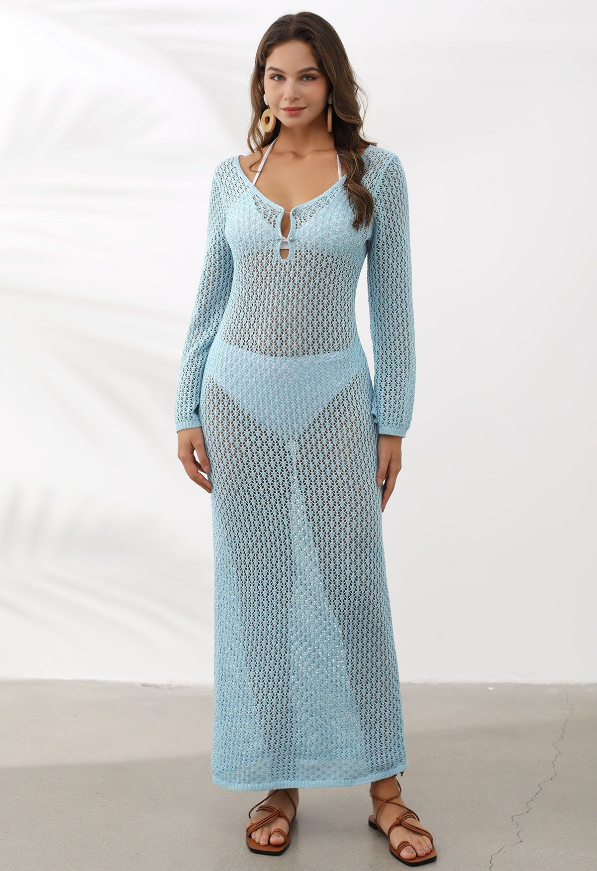 Open Back Bead Decor Crochet Cover-Up in Blue | Chicwish