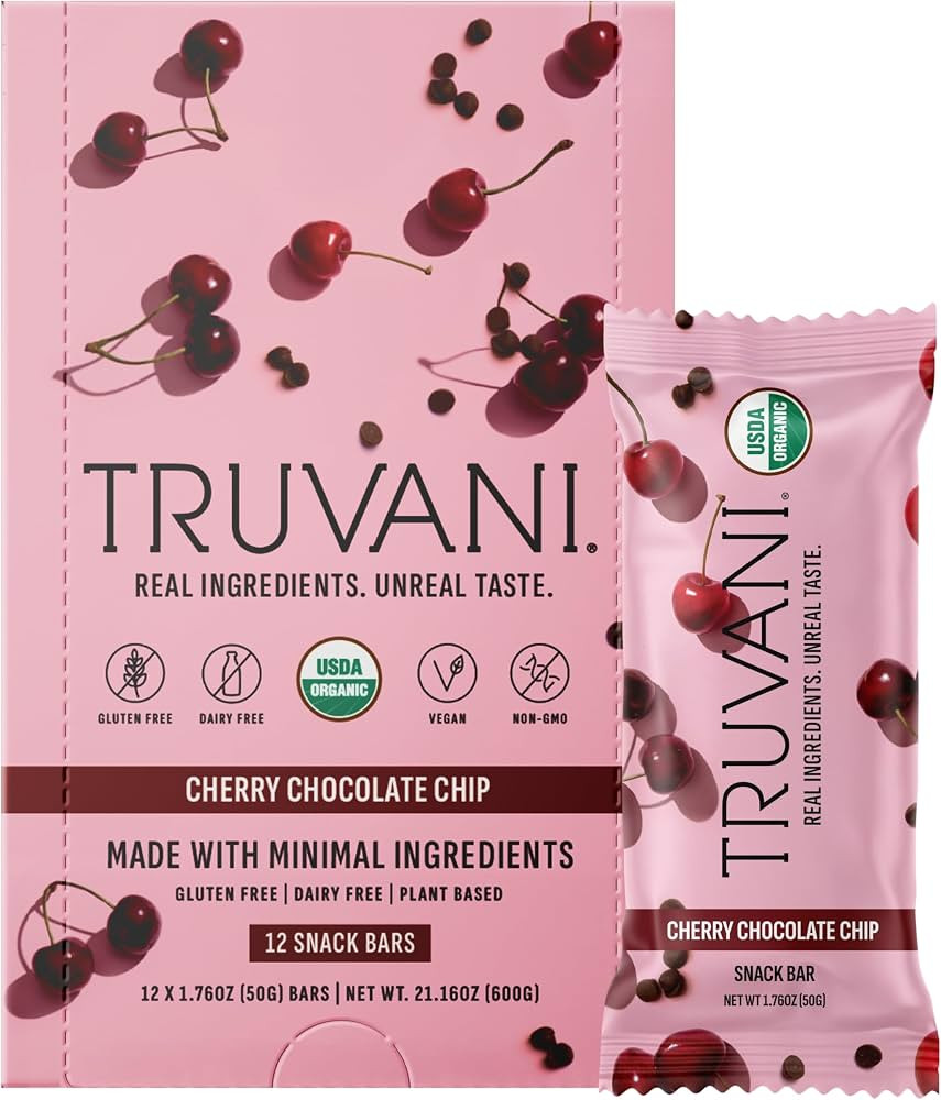 Truvani Plant Based Snack Bars | Cherry Chocolate Chip 12 Pack | 5g Protein | USDA Organic and Ve... | Amazon (US)