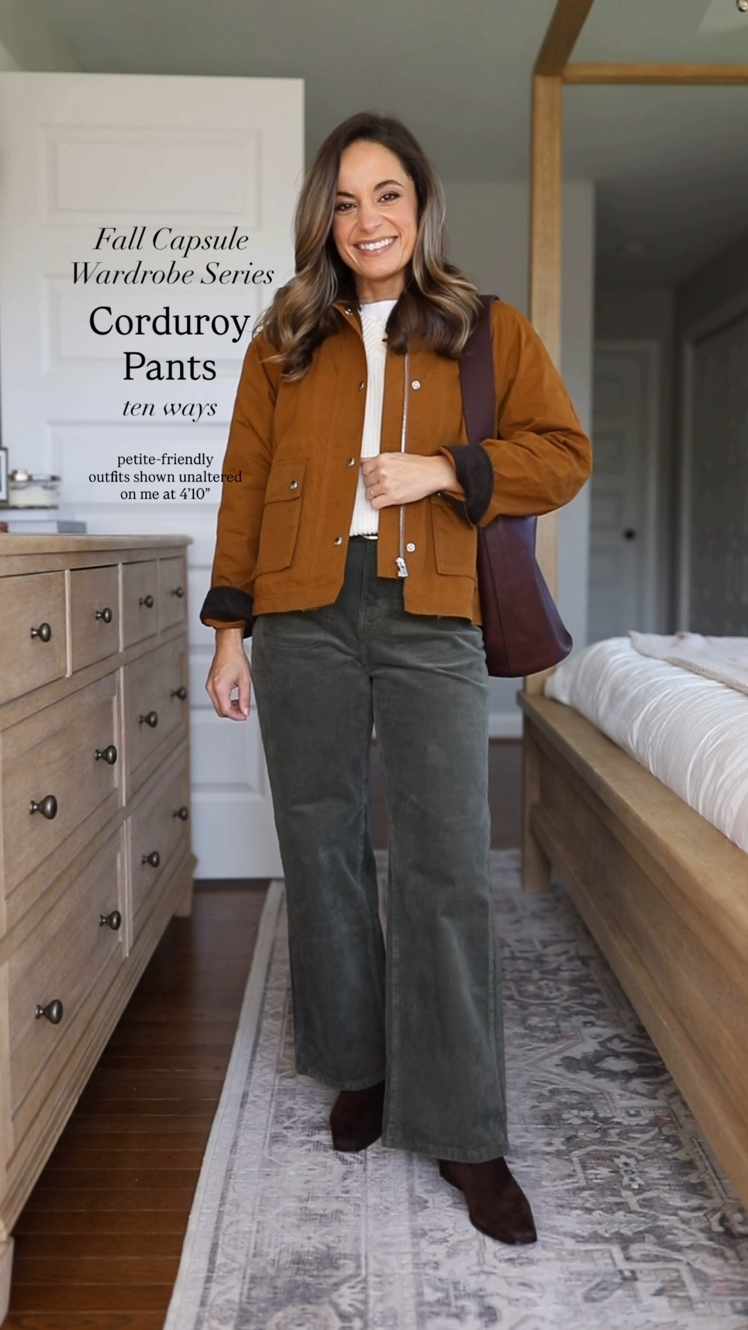 The fall 2026 casual capsule wardrobe series: olive pants styled ten ways

Corduroy Pants (BR Factory): petite 25 / 10” rise / 27.5” inseam 

Gray Cardigan (Quince): xs 
Striped Sweater (Madewell): xs 
Brown Marled Sweater (Gap): petite xs 
White Sweater (Gap): petite xs 
White T-Shirt (Old Navy): petite xs 
Denim Top (Target): small (sized up) 
White Button Down (Quince): xs 
Orange Top (Madewell): xxs 
Ecru Jeans (Madewell): 24 / 10 7/8” rise / 27” inseam (they also come in petite with a 10 3/8” rise / 25” inseam) 
Dark Wash Jeans (J.Crew Factory): petite 24 / 10” rise / 28” inseam 
Corduroy Dress (J.Crew): 00 (also comes in petite) 
Green Jacket (Ann Taylor): petite xxs 
Field Jacket (Madewell): xxs 
Corduroy Skirt (Gap Factory): 25 - sized up 

Included shoes are all true to size 

For size comparison, I’m 4’10” 105lbs. My measurements are 32”, 24”, 36”. I typically wear petite xxs/00/24 and have a 25” ankle inseam and a 27.5-28” full length inseam.

#LTKPetite
