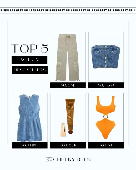 Top five weekly best sellers. I love these Aerie cargo pants and cropped denim tube top for a casual spring look. This Abercrombie denim dress pairs perfectly with white sneakers. My favorite Tarte Sculpt tape is perfect for contour. I love this sparkly one piece swimsuit for a beach trip or a day at the pool. 

#LTKbeauty #LTKSeasonal #LTKstyletip