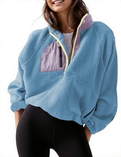 AMEBELLE Women’s Lightweight Fleece Pullover Jacket Cropped Fall Winter Fuzzy Sherpa Jacket Sweatshirt Coat with Pockets(2616-Blue-L) | Amazon (US)
