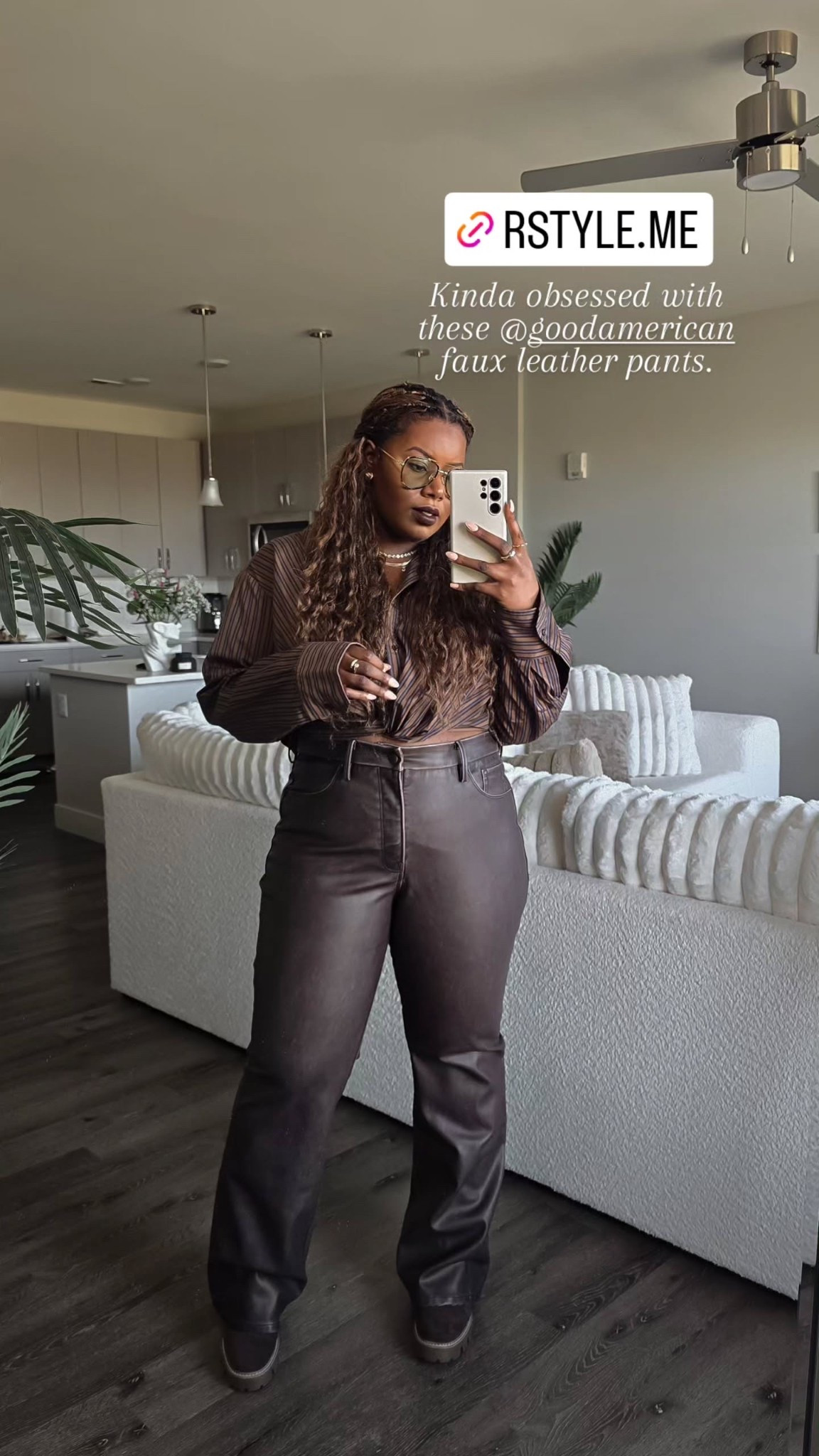 Kinda obsessed with these @goodamerican  faux leather pants.

The Good American faux leather pants are truly a perfect fit — smooth, flattering, and super comfortable. I’ve been loving brown leather lately; it’s such a nice switch-up from the classic black and feels so rich for fall. I paired them with a striped button-up for an effortless vibe and linked a few budget-friendly tops that give the same look.

#LTKPlusSize #LTKOver40 #LTKMidsize