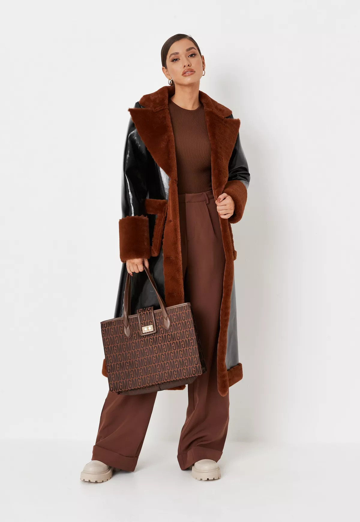 Premium Black Vinyl Faux Fur Trim Coat | Missguided (US & CA)