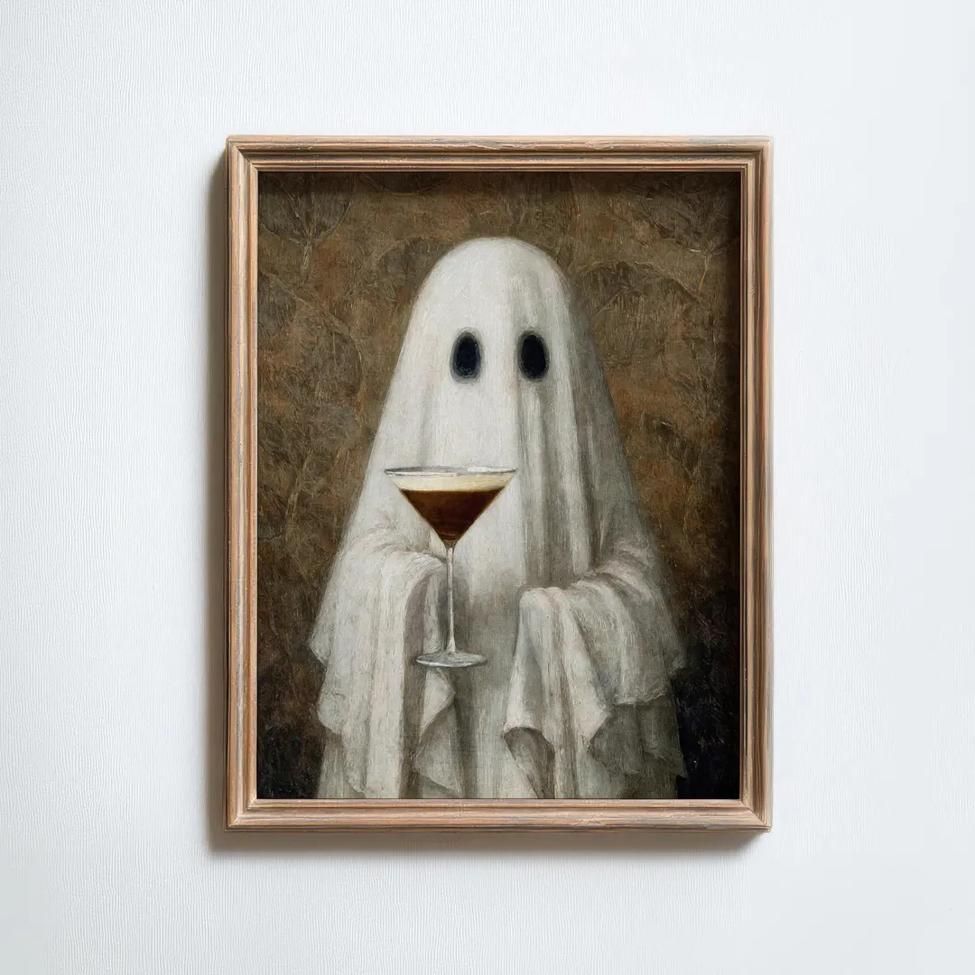 cute ghost with espresso martini print funny halloween decor, vintage halloween art spooky decor,... | Etsy (US)