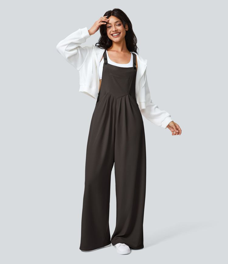 Women’s Adjustable Strap Button Multiple Pockets Waffle Casual Overalls - Halara | HALARA