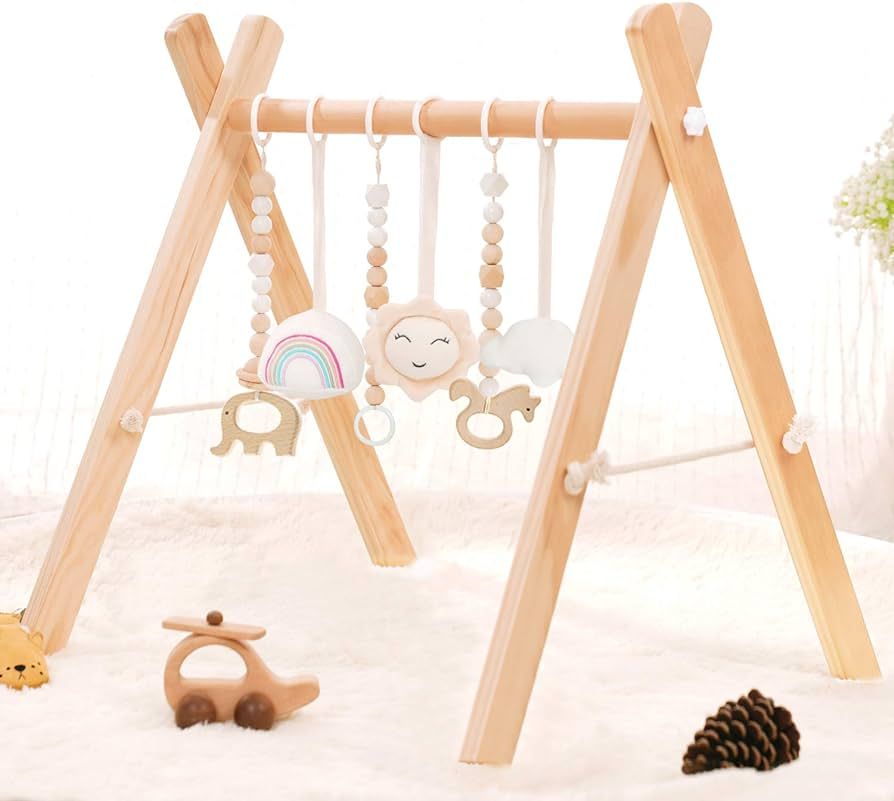 HAN-MM Wooden Baby Gym with 6 Wooden Baby Toys Foldable Baby Play Gym Frame Activity Gym Hanging ... | Amazon (US)
