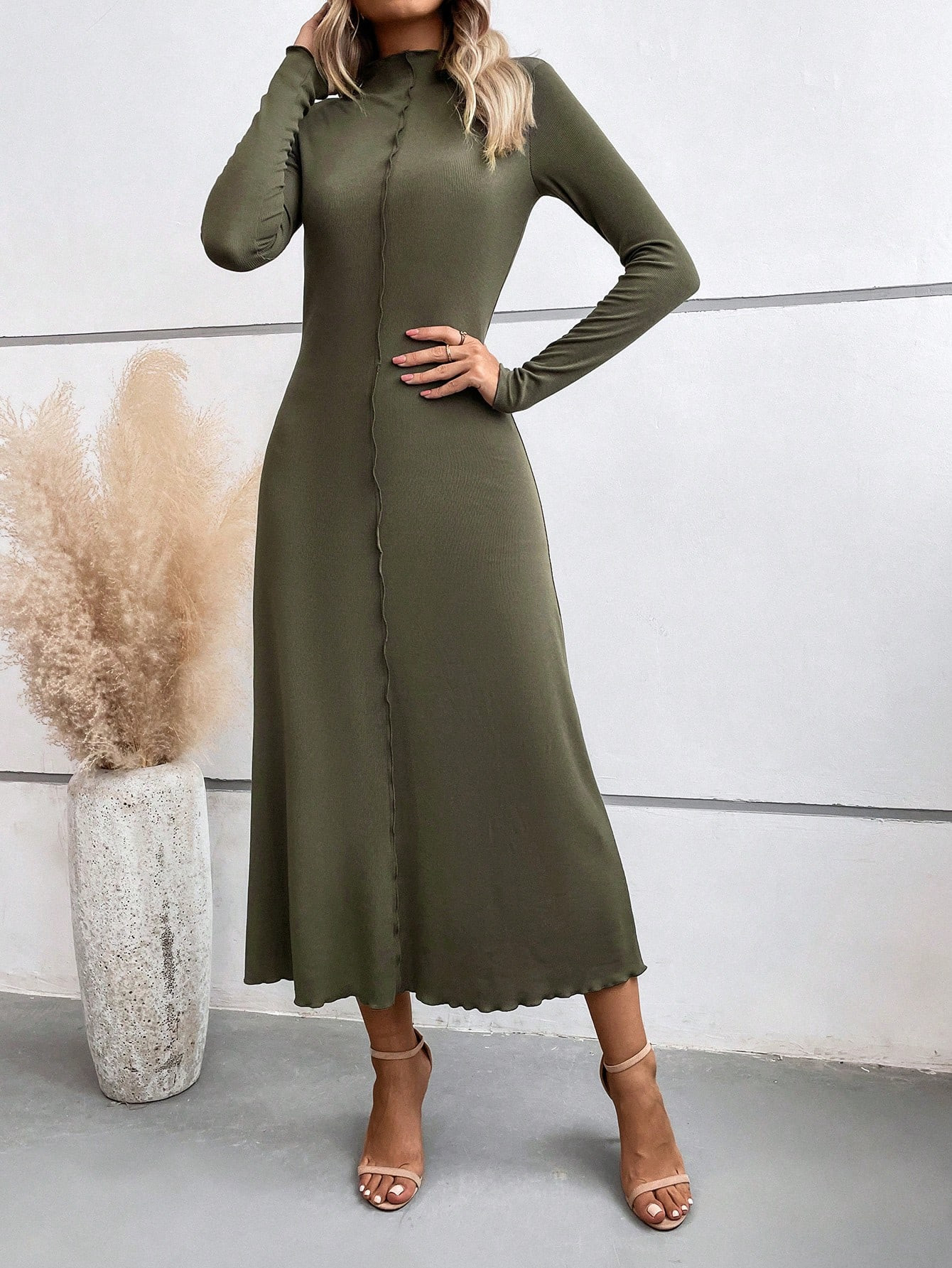 SHEIN Clasi Lettuce Trim Mock Neck Dress | SHEIN