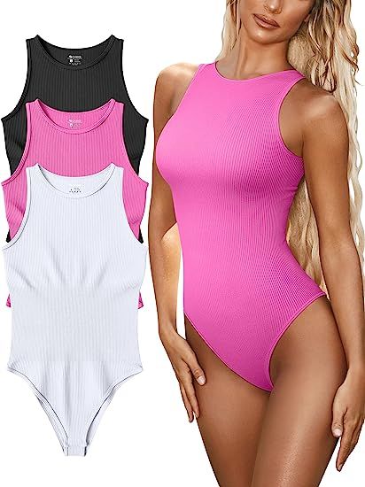 OQQ Women's 3 Piece Bodysuits Sexy Ribbed One Piece Sleeveless Halter Neck Bodysuits | Amazon (US)