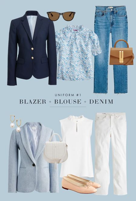 Uniform #1: Blazer + blouse + denim

This classic combo can be dressed up for a meeting at the office or kept more casual with sneakers for a polished school pick-up look. A ruffle blouse helps to temper the structure of the blazer (although I think this combo works just as well with a T-shirt). 