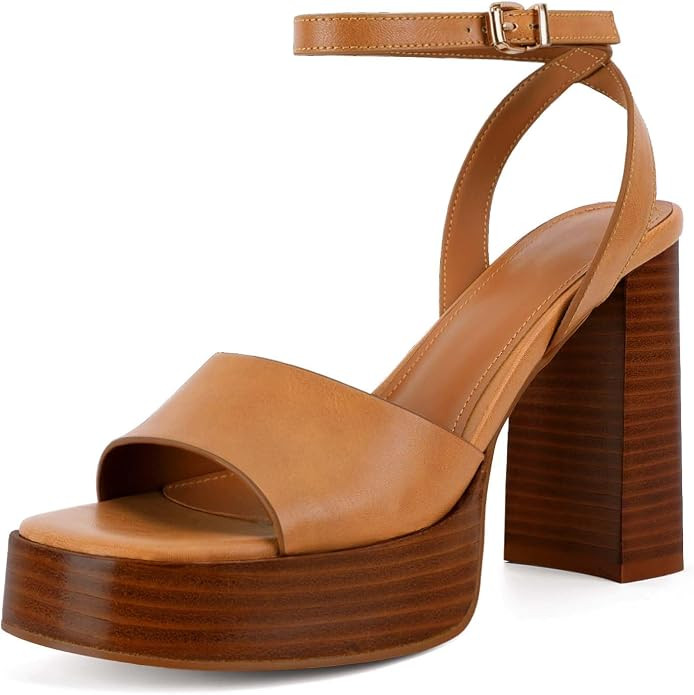 ANFEE Platform Heels for Women Chunky Heel Open Toe Ankle Strap Sandals | Amazon (US)