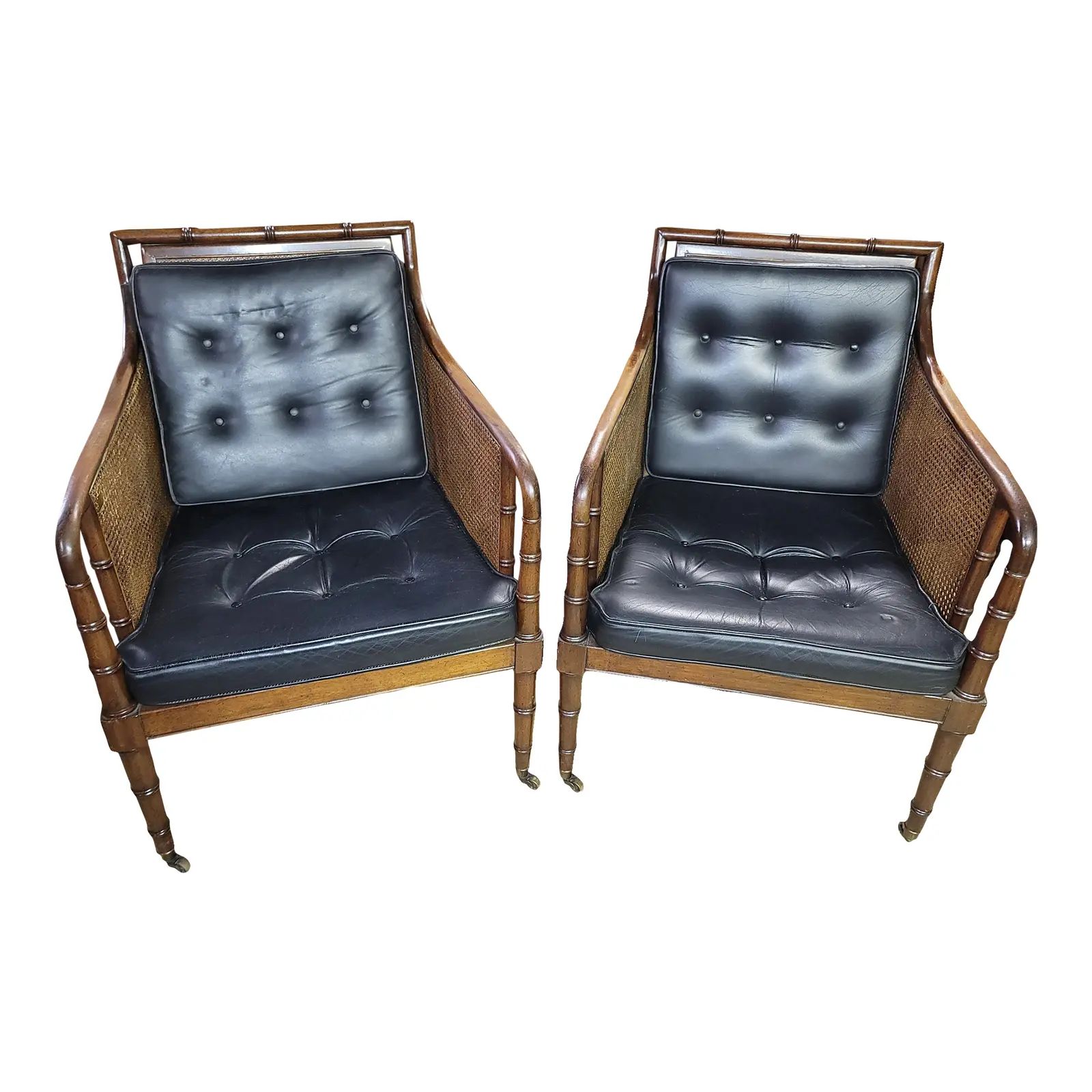 Pair of Vintage Hickory Chair Hollywood Regency Campaign Faux Bamboo Leather Armchairs | Chairish