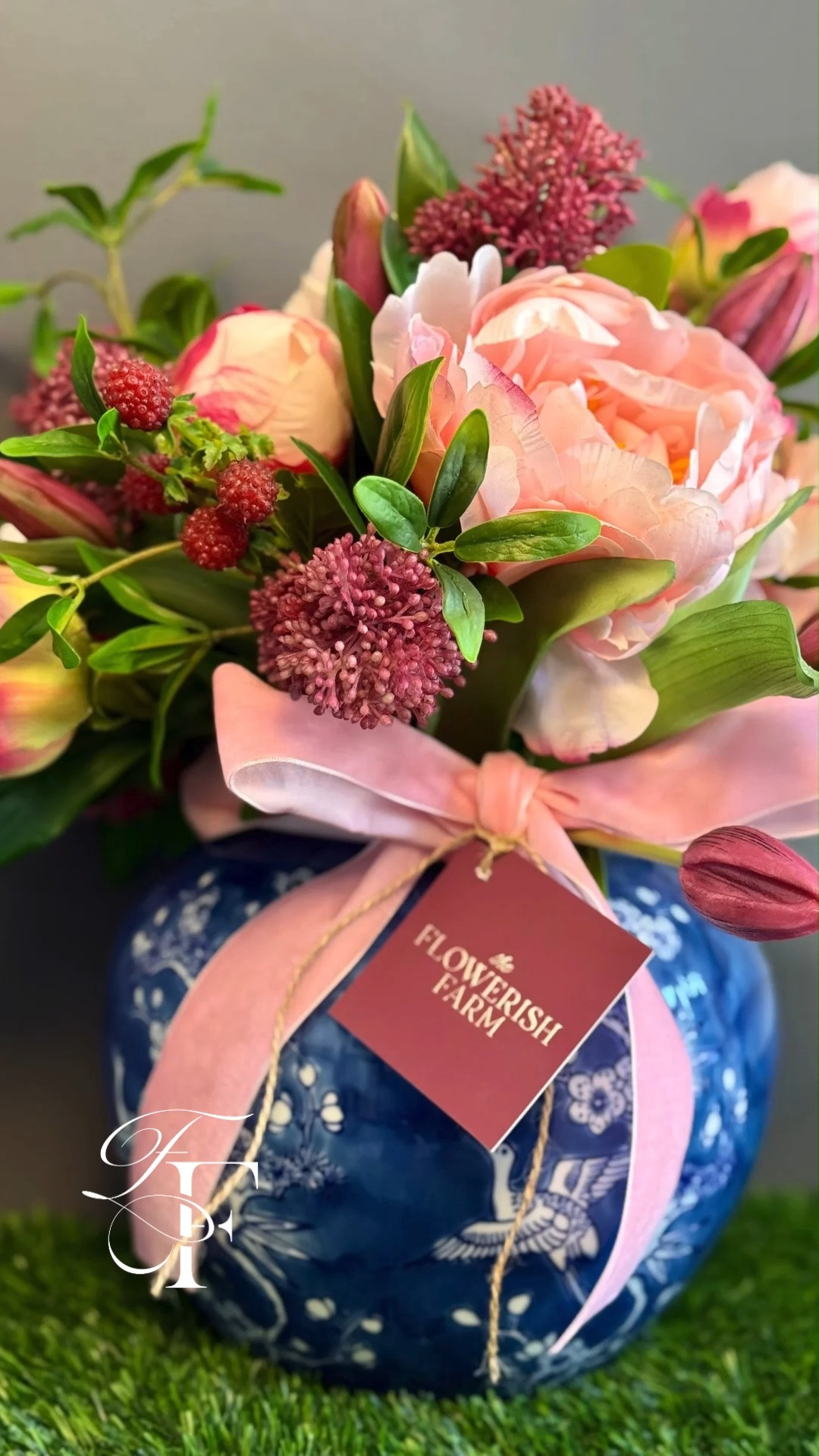 Faux Flower mini bouquet, pinks and purples mixed with a bright blue chinoiserie print vase. ✨🩷 

 #LTKSeasonal #LTKHome