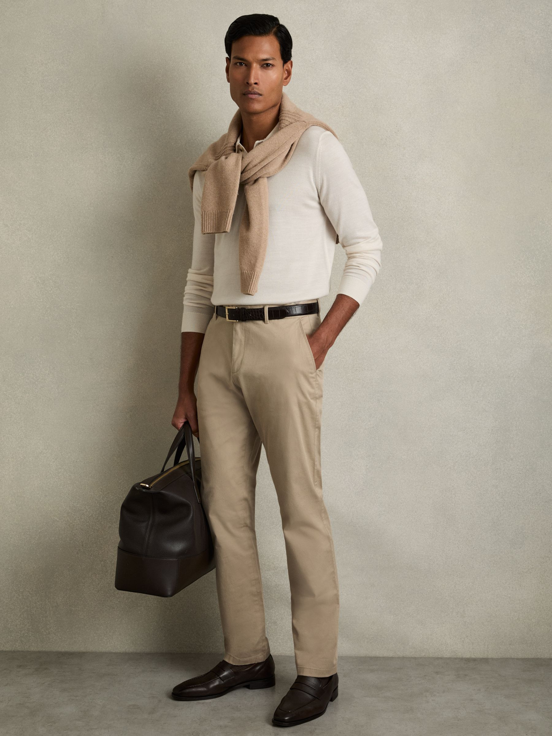 Reiss Slim Fit Washed Cotton Blend Chinos in Stone - REISS | Reiss UK