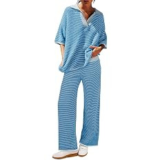 Tankaneo Womens Sweater Set Striped 2 Piece Outfits Oversized 3/4 Sleeve V Neck Knit Tops Wide Le... | Amazon (US)