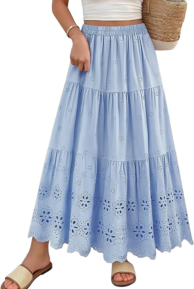 Mansy Women's Boho Eyelet Embroidery Maxi Skirt, 100% Cotton Elastic High Waist A-Line Summer Cas... | Amazon (US)