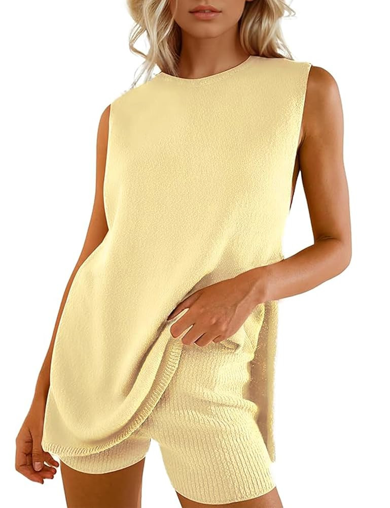 Wyeysyt 2 Piece Sets for Women Summer, Sweater Set Sleeveless Tunic Top and Shorts Beach Vacation... | Amazon (US)