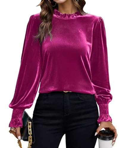 Long Sleeve Velvet Tops for Women, Frill Mock Neck Casual Loose Fit Fall Winter Velour Blouses Rosered | Amazon (US)