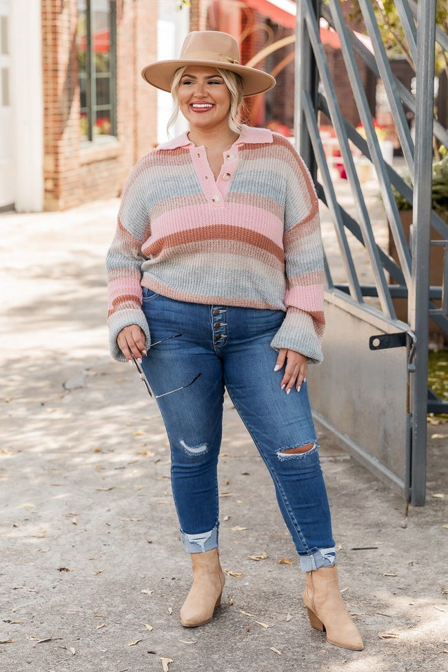 Changing Aura Pink Multicolor Striped Collared Henley Sweater FINAL SALE | Pink Lily