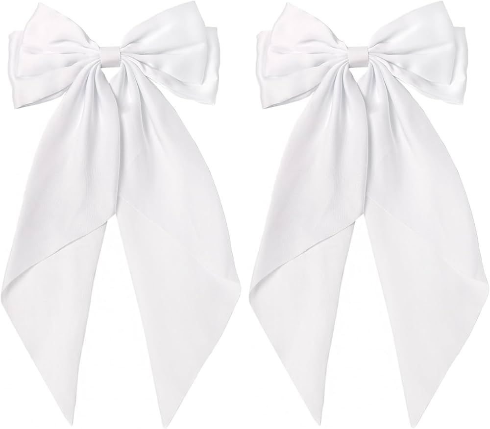 SUSULU Satin Bows Hair Clips Barrettes for Women,2pcs Big White Bows Long Tail,Hair Ribbons Large... | Amazon (US)