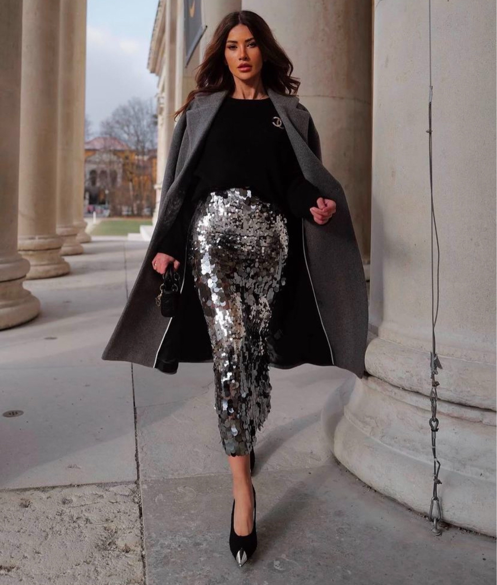 Holiday outfit 
Grey sequin skirt
Black sweater
Grey coat/blazer
 Black pumps 

#LTKHoliday #LTKBeauty #LTKStyleTip
