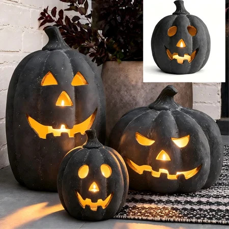 Halloween Decorations - Fall Decor - 5.9"H Black Handmade Resin Jack O Lantern Flameless Candle Pumpkin for Outdoor Indoor -Cute Spooky Decoration Centerpieces for Tables Porch Yard | Walmart (US)
