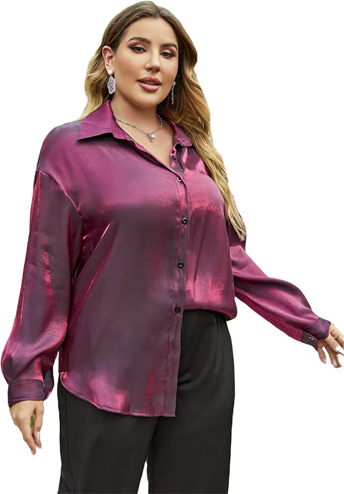 MakeMeChic Women's Plus Size Metallic Long Sleeve Button Down Shirt Blouse Top | Amazon (US)