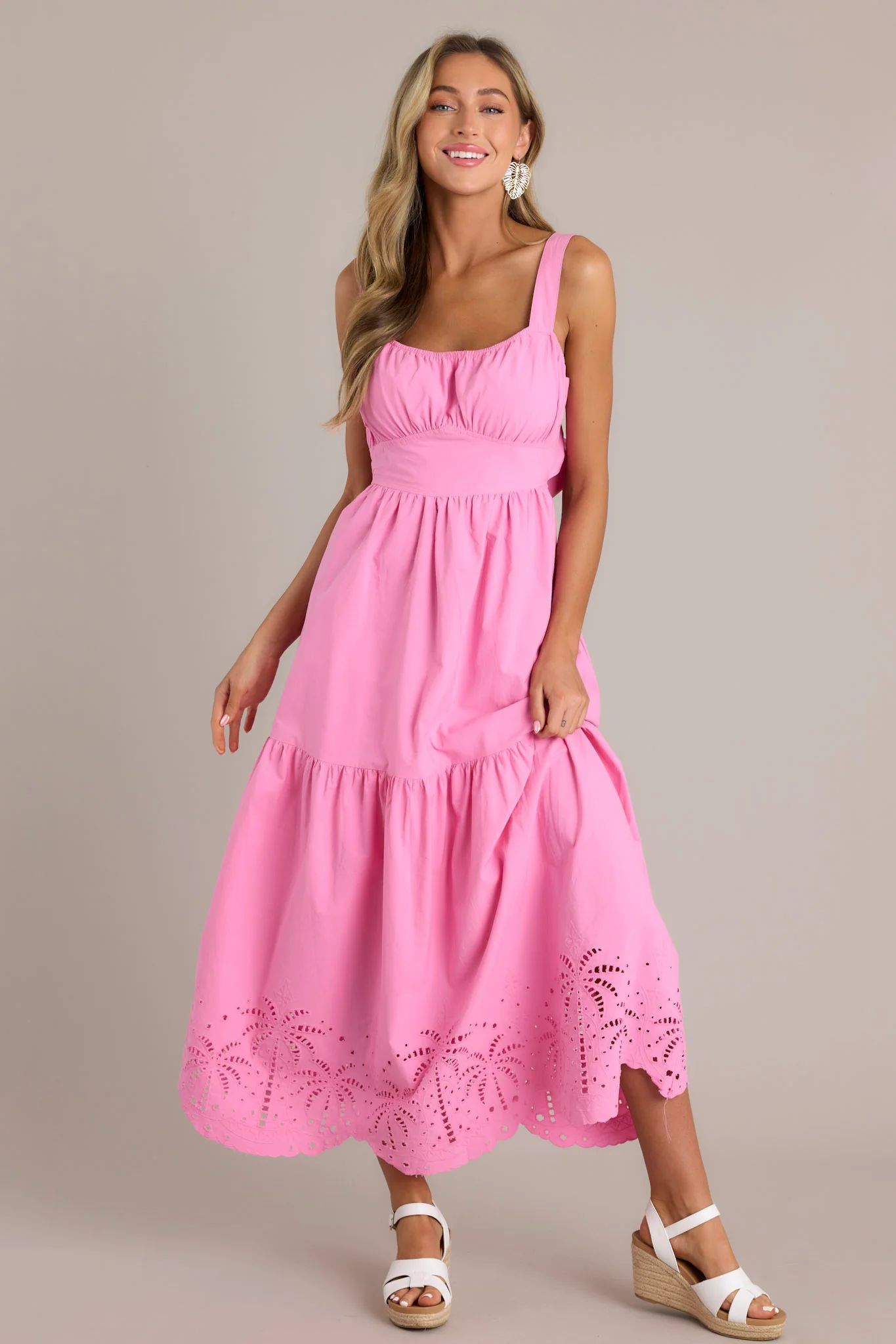 Garden Breeze 100% Cotton Pink Eyelet Midi Dress | Red Dress