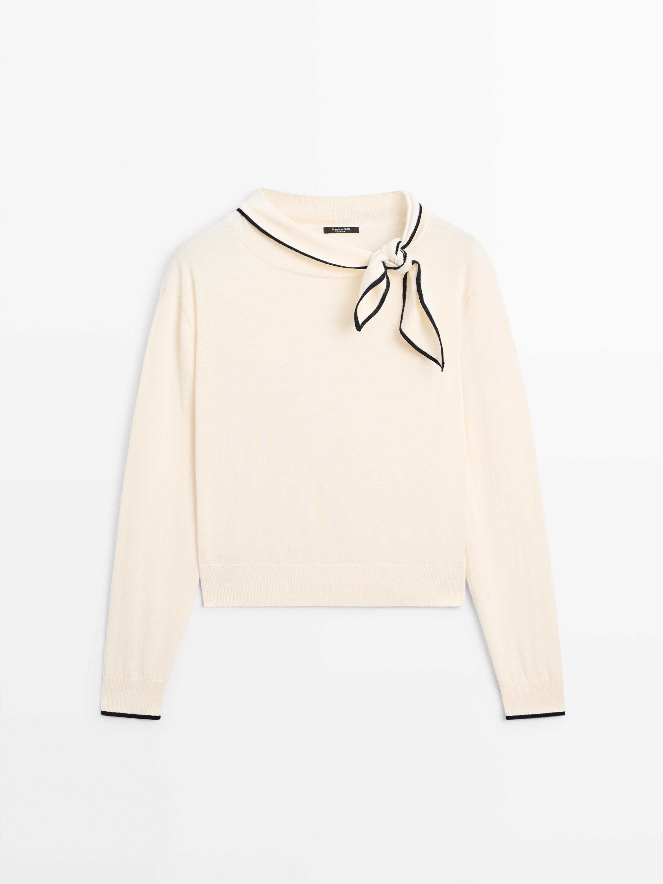 Cotton knit sweater with scarf detail | Massimo Dutti UK