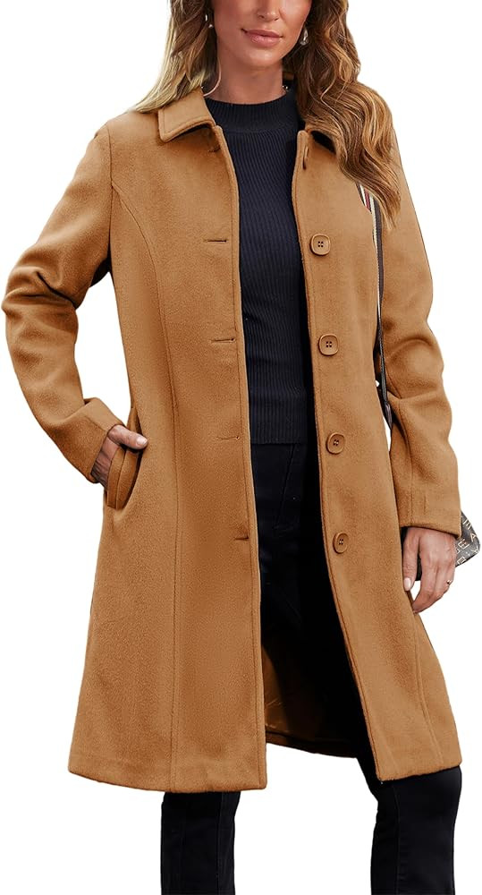 UANEO Womens Pea Coat Faux Wool Single Breasted Long Trench Coat Peacoat Dress Coat Winter | Amazon (US)