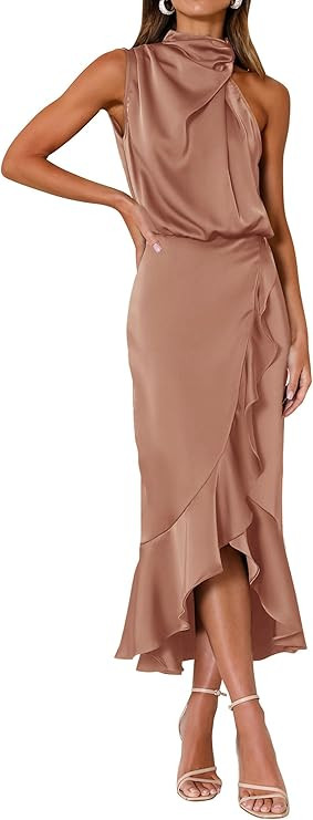 KIRUNDO Women 2026 Spring Summer Satin Mock Neck Wedding Guest Party Cocktail Midi Dress Sleevele... | Amazon (US)