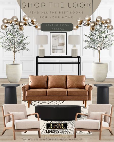 Transitional living room idea. Brown leather sofa, wood upholstered accent chair, stripe living room rug, black round coffee table, black round end table, black console table, wall art, ceramic table lamp, terracotta tree planter pot, realistic fake tree, living room modern chandelier. #LTKFind

#LTKhome #LTKstyletip