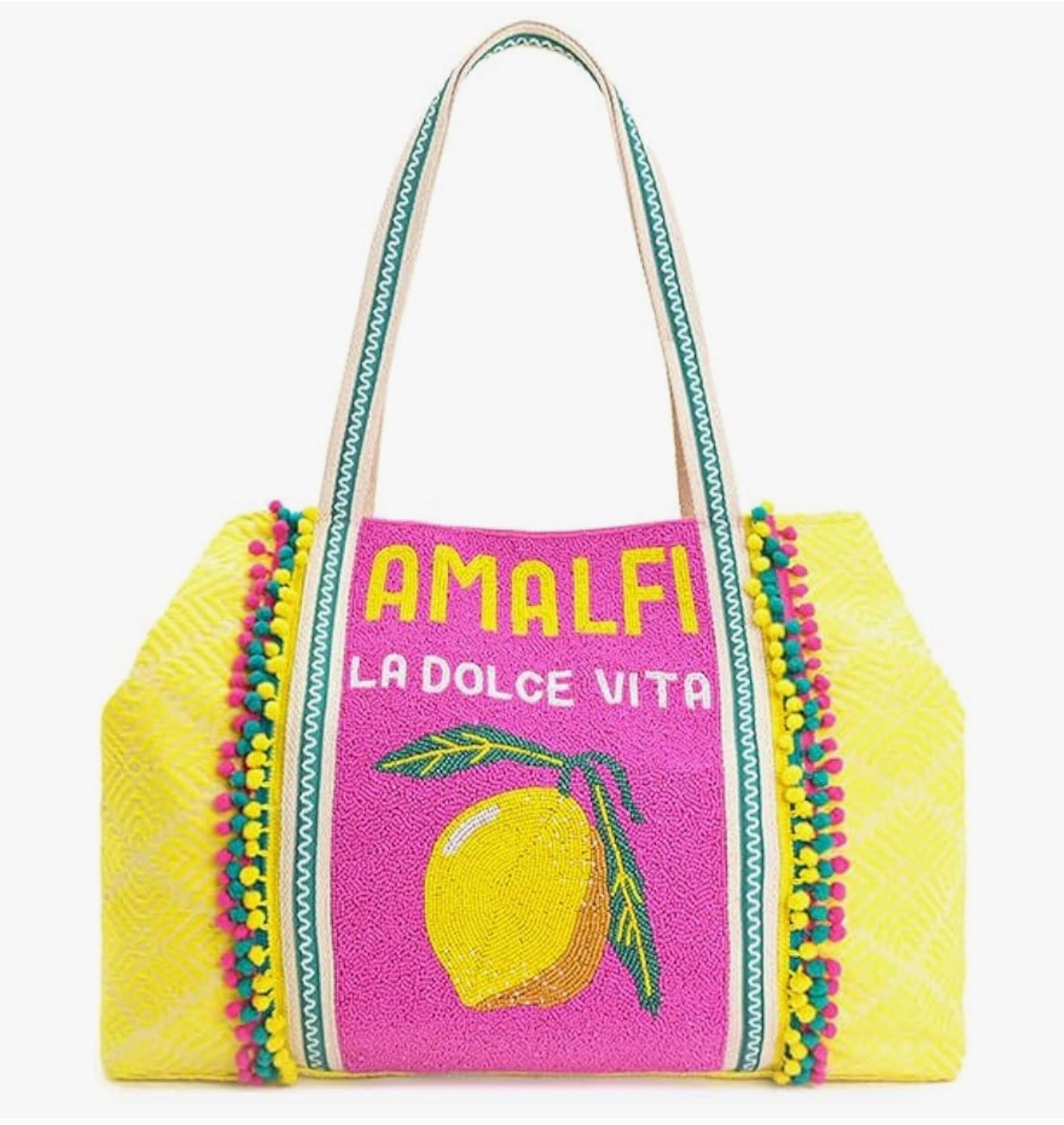 Amalfi Coast Beaded Tote Bag 🍋🌺 Colorful Summer Vacation Carryall


This Amalfi-inspired beaded tote is the ultimate summer statement bag! 🍋💗 The bright pink panel with a lemon motif and “Amalfi La Dolce Vita” lettering gives it a fun Italian coastal vibe, while the yellow woven jacquard sides and colorful pom-pom trim add such a playful touch. It’s a roomy tote with a magnetic closure and cotton lining, perfect for beach days, travel, or carrying all your summer essentials in style. Such a fun piece to pair with breezy dresses, resort wear, or colorful vacation outfits. 🌴✨

Amalfi Coast tote bag, beaded summer tote, lemon print bag, colorful vacation handbag, Italian coastal style bag, statement summer tote, resort wear accessories, beach vacation bag, Amalfi lemon bag, summer travel tote 🍋

#LTKU #LTKSwim #LTKTravel