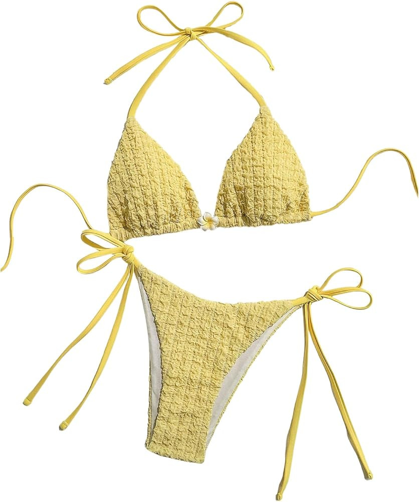 SHENHE Women's 2 Piece Swimsuit Floral Print Halter Tie Side Triangle Bikini Set | Amazon (US)