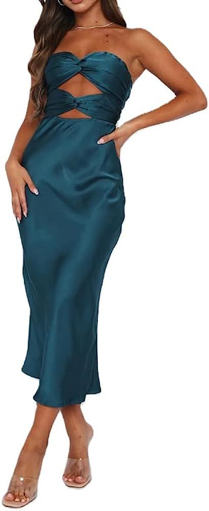 Women's Off Shoulder Satin Maxi Dress Elegant Strapless Split Bodycon Long Dresses Backless Even... | Amazon (US)