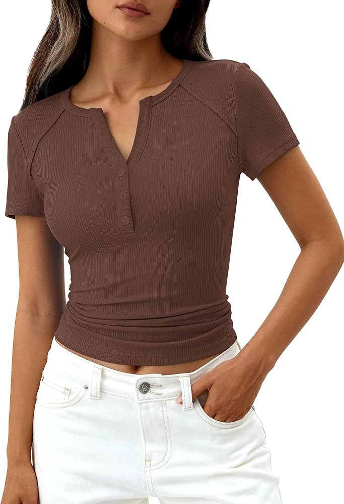 PRETTYGARDEN Henley Shirts for Women 2026 Summer Short Sleeve Tops V Neck Basic Tees Fitted Ribbe... | Amazon (US)