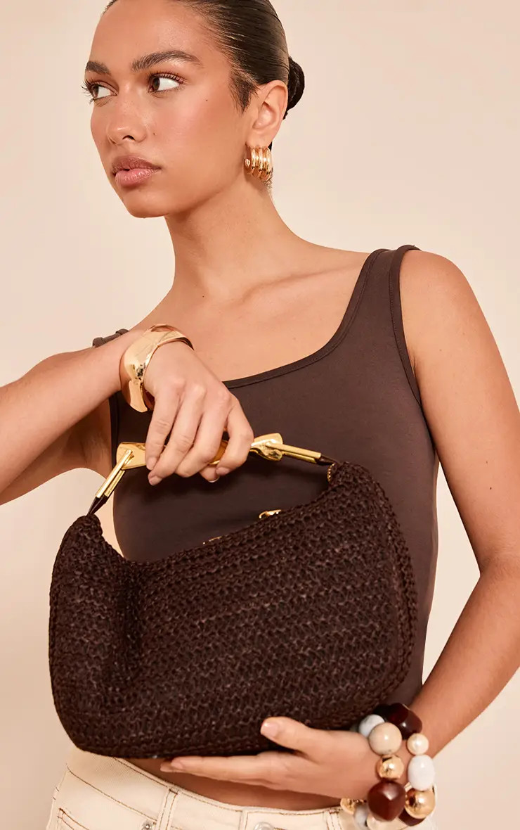 Chocolate Raffia Weave Abstract Handle Handbag | PrettyLittleThing UK