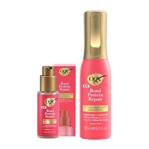 OGX Bond Protein Repair Bundle: Heat Protect Spray & Sealing Hair Serum, Primes Hair for Blow Drying or Heat Styling, Helps Revitalize Damaged Hair, 2 Pieces (5 fl oz, 1.7 fl. Oz) | Amazon (US)